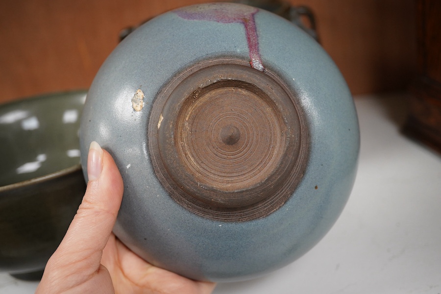 A Chinese Jun type bowl, similar two handled vase and a spinach green glazed bowl, vase 13.5cm high. Condition - all have glazing faults